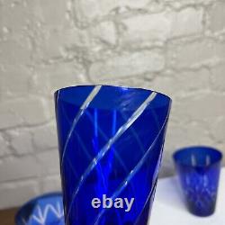 Vintage Cobalt Blue Cut to Clear Old Fashion Glasses Cocktail Drinking Set of 4