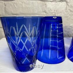 Vintage Cobalt Blue Cut to Clear Old Fashion Glasses Cocktail Drinking Set of 4