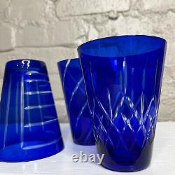 Vintage Cobalt Blue Cut to Clear Old Fashion Glasses Cocktail Drinking Set of 4