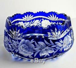 Vintage Cobalt Blue Czech Bohemian Lead Crystal Cut to Clear Bowl Sawtooth Rim