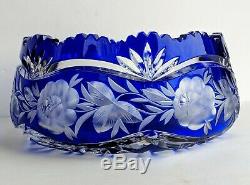 Vintage Cobalt Blue Czech Bohemian Lead Crystal Cut to Clear Bowl Sawtooth Rim