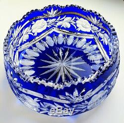 Vintage Cobalt Blue Czech Bohemian Lead Crystal Cut to Clear Bowl Sawtooth Rim