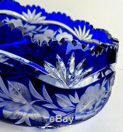 Vintage Cobalt Blue Czech Bohemian Lead Crystal Cut to Clear Bowl Sawtooth Rim