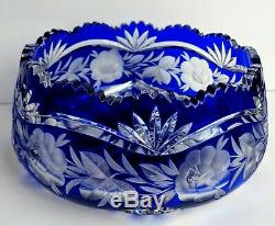 Vintage Cobalt Blue Czech Bohemian Lead Crystal Cut to Clear Bowl Sawtooth Rim