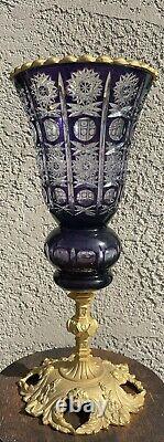 Vintage Crystal Amethyst Purple Cut to Clear Glass Vase On Bronze Mount 19.5