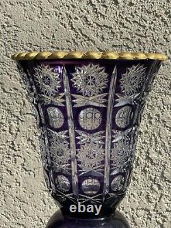 Vintage Crystal Amethyst Purple Cut to Clear Glass Vase On Bronze Mount 19.5