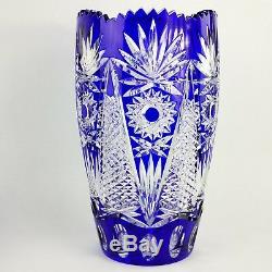 Vintage Crystal Art Glass Hand Cut Hobstar Vase Cobalt Blue Cut to Clear 11.75