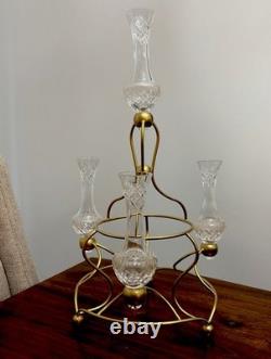 Vintage Crystal Cut Glass (5 Pieces)Epergne Set 17 Tall Gold Painted Metal Base