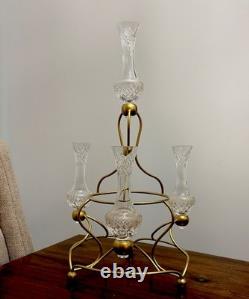 Vintage Crystal Cut Glass (5 Pieces)Epergne Set 17 Tall Gold Painted Metal Base