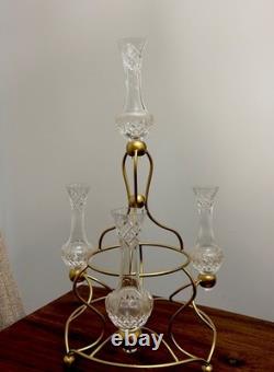 Vintage Crystal Cut Glass (5 Pieces)Epergne Set 17 Tall Gold Painted Metal Base
