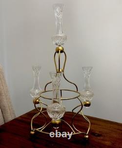Vintage Crystal Cut Glass (5 Pieces)Epergne Set 17 Tall Gold Painted Metal Base