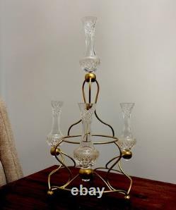 Vintage Crystal Cut Glass (5 Pieces)Epergne Set 17 Tall Gold Painted Metal Base