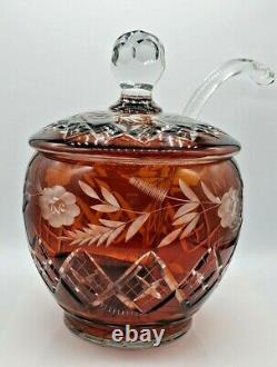 Vintage Crystal Cut Punch Bowl Handcrafted With Glass Blown Ladle Amber Color