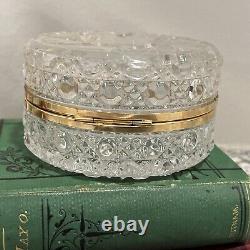 Vintage Cut Clear Crystal Glass Jewelry Round Hinged Casket Box Pinwheel Pattern