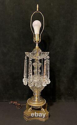 Vintage Cut Crystal & Brass Table Lamp Hanging Prisms Fish Feet 36.5