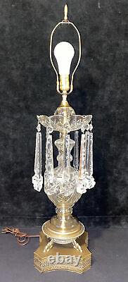 Vintage Cut Crystal & Brass Table Lamp Hanging Prisms Fish Feet 36.5