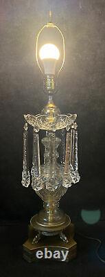 Vintage Cut Crystal & Brass Table Lamp Hanging Prisms Fish Feet 36.5