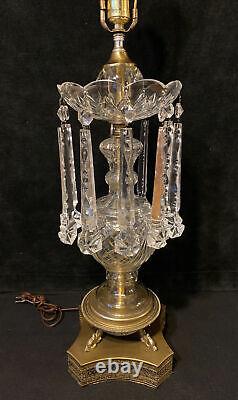 Vintage Cut Crystal & Brass Table Lamp Hanging Prisms Fish Feet 36.5