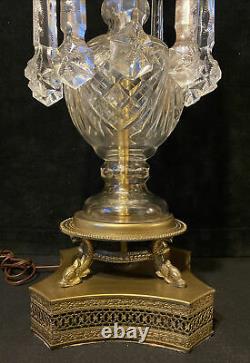 Vintage Cut Crystal & Brass Table Lamp Hanging Prisms Fish Feet 36.5