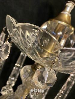 Vintage Cut Crystal & Brass Table Lamp Hanging Prisms Fish Feet 36.5