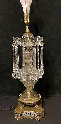 Vintage Cut Crystal & Brass Table Lamp Hanging Prisms Fish Feet 36.5