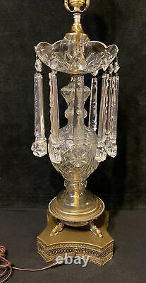Vintage Cut Crystal & Brass Table Lamp Hanging Prisms Fish Feet 36.5