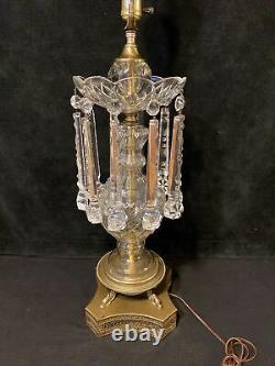 Vintage Cut Crystal & Brass Table Lamp Hanging Prisms Fish Feet 36.5