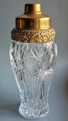 Vintage Cut Crystal Cocktail Shaker Ornate Gold Plated Lid Hollywood Regency