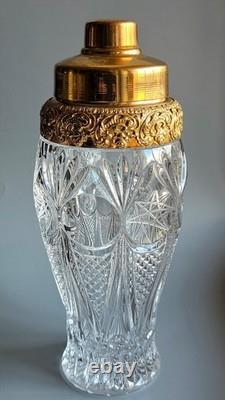 Vintage Cut Crystal Cocktail Shaker Ornate Gold Plated Lid Hollywood Regency