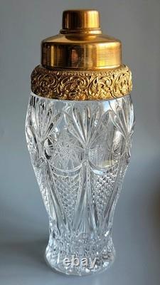 Vintage Cut Crystal Cocktail Shaker Ornate Gold Plated Lid Hollywood Regency