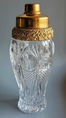 Vintage Cut Crystal Cocktail Shaker Ornate Gold Plated Lid Hollywood Regency