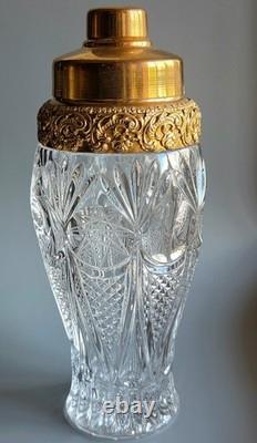 Vintage Cut Crystal Cocktail Shaker Ornate Gold Plated Lid Hollywood Regency