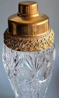 Vintage Cut Crystal Cocktail Shaker Ornate Gold Plated Lid Hollywood Regency