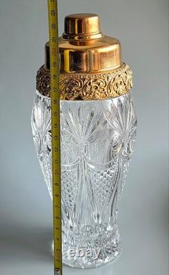 Vintage Cut Crystal Cocktail Shaker Ornate Gold Plated Lid Hollywood Regency