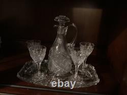 Vintage Cut Crystal Decanter Set with Tray & 4 Glasses Bohemian Barware