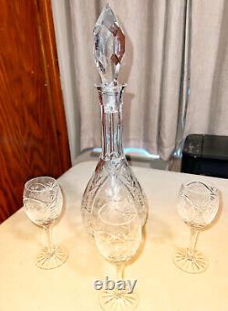 Vintage Cut Crystal Decantur With 3 Dessert Wine Cordial After Dinner Glasses