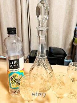 Vintage Cut Crystal Decantur With 3 Dessert Wine Cordial After Dinner Glasses