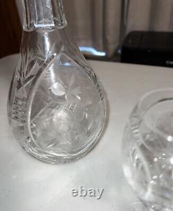 Vintage Cut Crystal Decantur With 3 Dessert Wine Cordial After Dinner Glasses