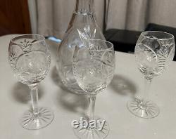 Vintage Cut Crystal Decantur With 3 Dessert Wine Cordial After Dinner Glasses