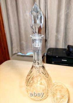 Vintage Cut Crystal Decantur With 3 Dessert Wine Cordial After Dinner Glasses