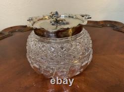 Vintage Cut Crystal Glass Biscuit Jar Silverplated Lid RF & Co L Rose Knob