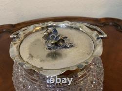 Vintage Cut Crystal Glass Biscuit Jar Silverplated Lid RF & Co L Rose Knob