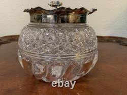 Vintage Cut Crystal Glass Biscuit Jar Silverplated Lid RF & Co L Rose Knob