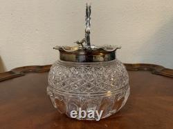 Vintage Cut Crystal Glass Biscuit Jar Silverplated Lid RF & Co L Rose Knob