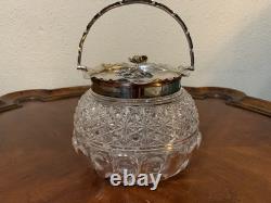 Vintage Cut Crystal Glass Biscuit Jar Silverplated Lid RF & Co L Rose Knob
