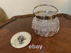 Vintage Cut Crystal Glass Biscuit Jar Silverplated Lid RF & Co L Rose Knob