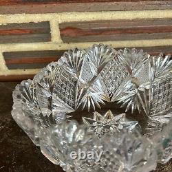 Vintage Cut Crystal Glass Bowl Oval Heavy Thick Scalloped Edges Starburst Bottom