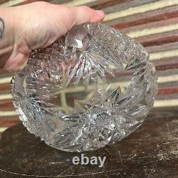 Vintage Cut Crystal Glass Bowl Oval Heavy Thick Scalloped Edges Starburst Bottom