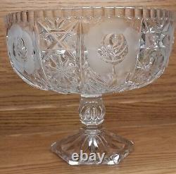 Vintage Cut Crystal Glass Compote Frosted Rose Footed Centerpiece Bowl