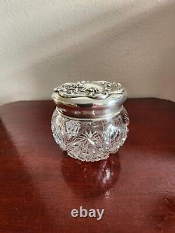 Vintage Cut Crystal Glass Jar 925 Sterling Silver Floral Lid. No Cracks Or Chips